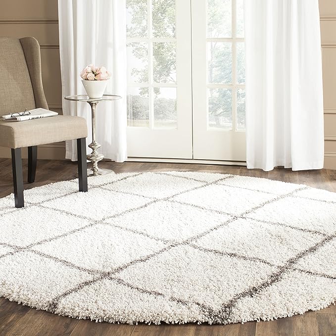 SAFAVIEH Hudson Shag Collection 8' Round Ivory/Grey SGH281A Modern Diamond Trellis Non-Shedding Living Room Bedroom Dining Room Entryway Plush 2-inch Thick Area Rug