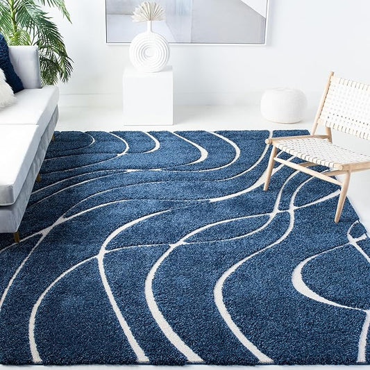 SAFAVIEH Area Rug 8x10 - Florida Shag Collection - Large - Navy & Ivory, Non-Shedding & Easy Cleaning, Plush Thick Pile, Ideal for Living Room, Bedroom, Dining Space (SG471-6512)