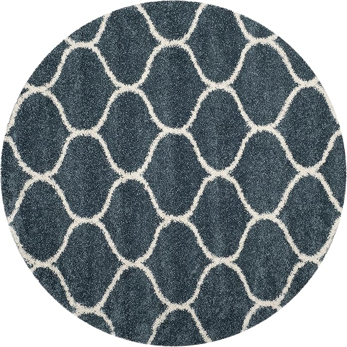 SAFAVIEH Hudson Shag Collection 7' Round Slate Blue/Ivory SGH280L Moroccan Ogee Trellis Non-Shedding Living Room Bedroom Dining Room Entryway Plush 2-inch Thick Area Rug