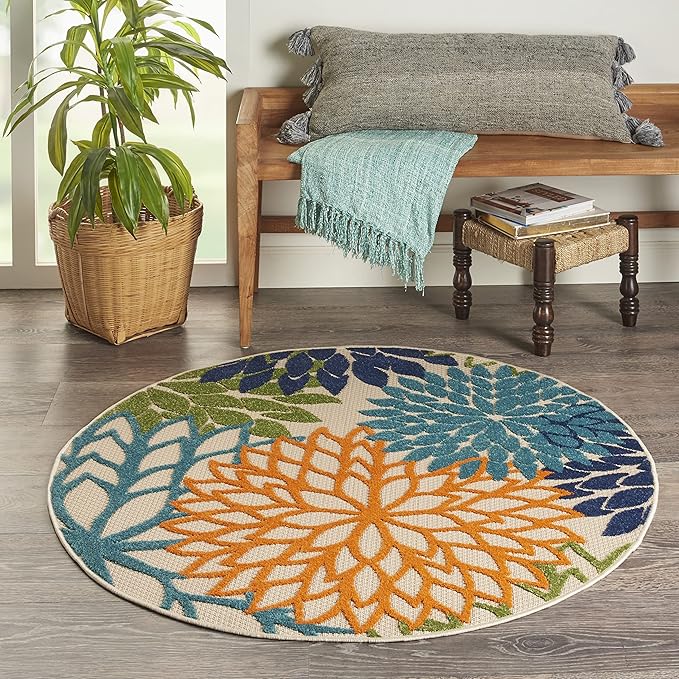 Nourison Aloha Indoor/Outdoor Multicolor 5'3'' x Round Area--Rug, Tropical, Botanical, Easy--Cleaning, Non Shedding, Bed Room, Living Room, Dining Room, Deck, Backyard, Patio (5 Round)