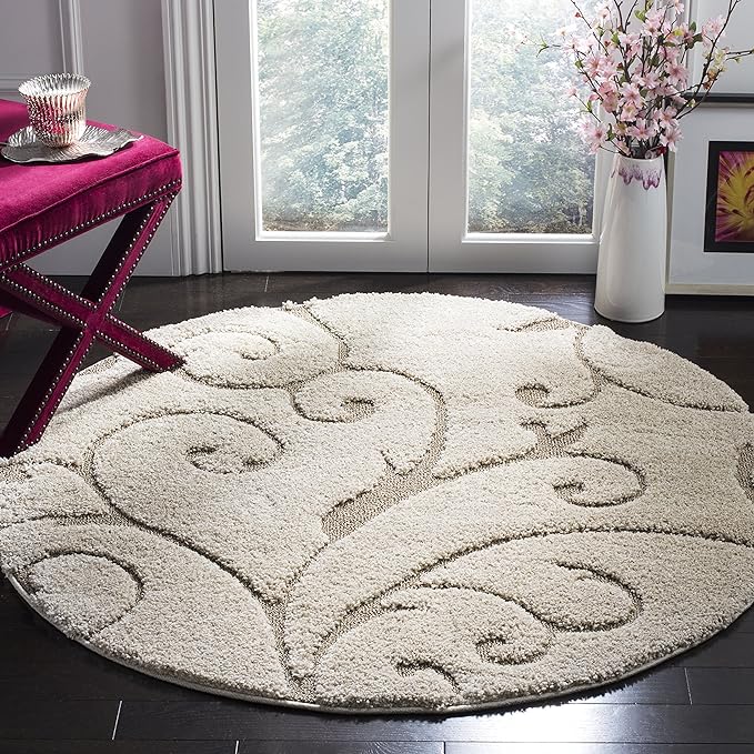 SAFAVIEH Florida Shag Collection 10' Round Cream/Beige SG455 Scrolling Vine Graceful Swirl Textured Non-Shedding Living Room Bedroom Dining Room Entryway Plush 1.2-inch Thick Area Rug