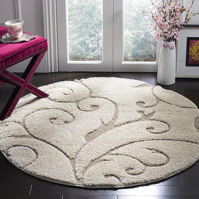 SAFAVIEH Florida Shag Collection 11' Round Cream/Beige SG455 Scrolling Vine Graceful Swirl Textured Non-Shedding Living Room Bedroom Dining Room Entryway Plush 1.2-inch Thick Area Rug