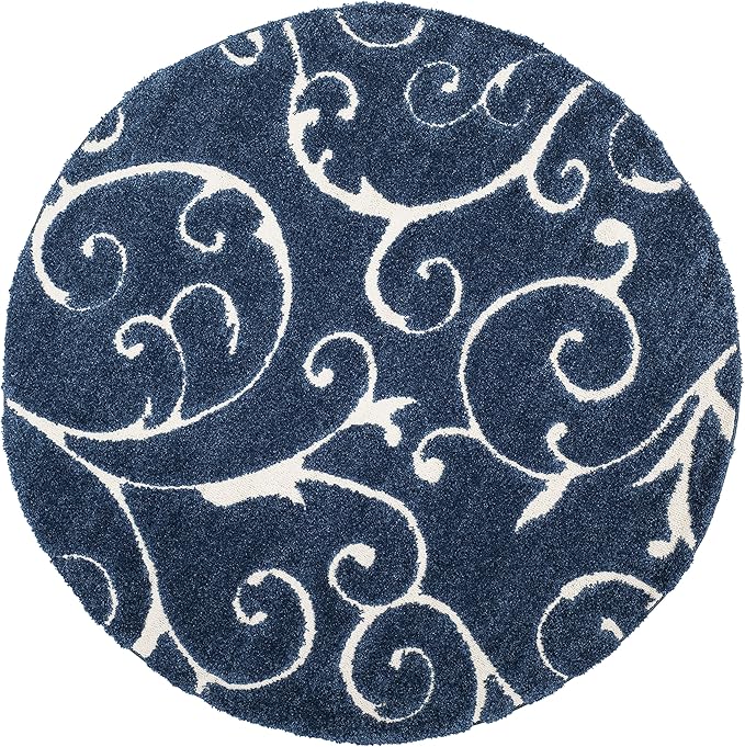 SAFAVIEH Florida Shag Collection 9' Round Dark Blue/Cream SG455 Scrolling Vine Graceful Swirl Textured Non-Shedding Living Room Bedroom Dining Room Entryway Plush 1.2-inch Thick Area Rug
