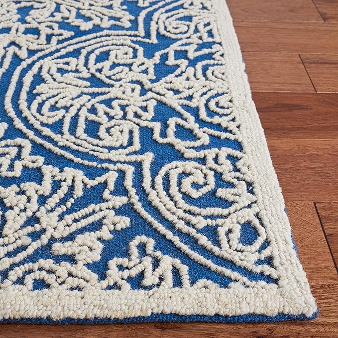 SAFAVIEH Trace Collection Area Rug - 6' Square, Blue & Ivory, Handmade Wool, Ideal for High Traffic Areas in Living Room, Bedroom (TRC101B)
