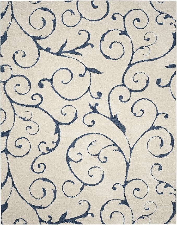 SAFAVIEH Florida Shag Collection X-Large Area Rug - 11' x 15', Cream & Blue, Scroll Design, Non-Shedding & Easy Care, 1.2-inch Thick Ideal for High Traffic Areas in Living Room, Bedroom (SG455-1165)
