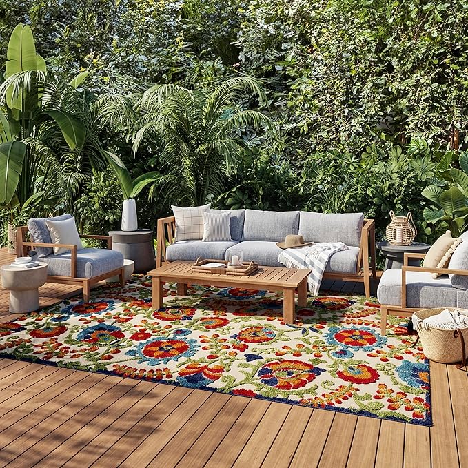Nourison Home Aloha Indoor/Outdoor Multicolor 9'6'' x 13' Area-Rug, Easy-Cleaning, Non Shedding, Bed Room, Living Room, Dining Room, Backyard, Deck, Patio (10x13)