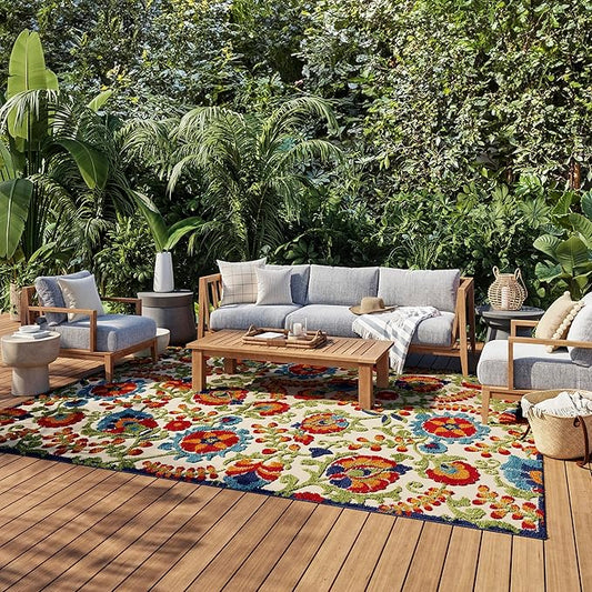 Nourison Home Aloha Indoor/Outdoor Multicolor 9'6'' x 13' Area-Rug, Easy-Cleaning, Non Shedding, Bed Room, Living Room, Dining Room, Backyard, Deck, Patio (10x13)