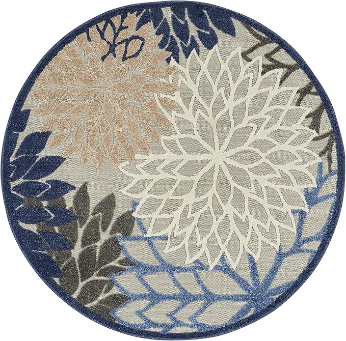 Nourison Aloha Indoor/Outdoor Blue/Multicolor 4' x Round Area Rug, Tropical, Botanical, Easy Cleaning, Non Shedding, Bed Room, Living Room, Dining Room, Deck, Backyard, Patio (4 Round)