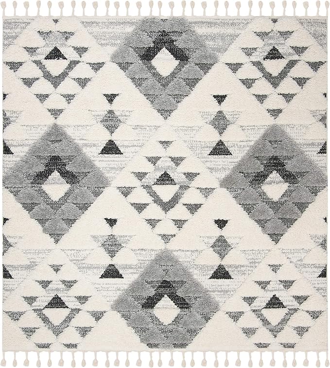 Safavieh Moroccan Tassel Shag Collection Area Rug - 12' Square, Ivory/Grey, Geometric Design, Plush 1.5 Inch Thick Ideal for High Traffic Areas in Living Room, Bedroom, Dining (MTS688F)