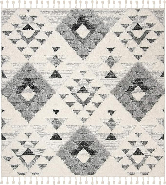 Safavieh Moroccan Tassel Shag Collection Area Rug - 12' Square, Ivory/Grey, Geometric Design, Plush 1.5 Inch Thick Ideal for High Traffic Areas in Living Room, Bedroom, Dining (MTS688F)