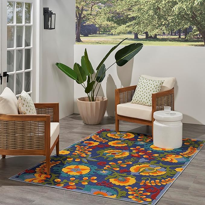 Nourison Home Aloha Indoor/Outdoor Modern Navy Multicolor 5'3" x 7'5" Area Rug, Easy Cleaning, Non Shedding, Bed Room, Living Room, Dining Room, Backyard, Deck, Patio (5x7)