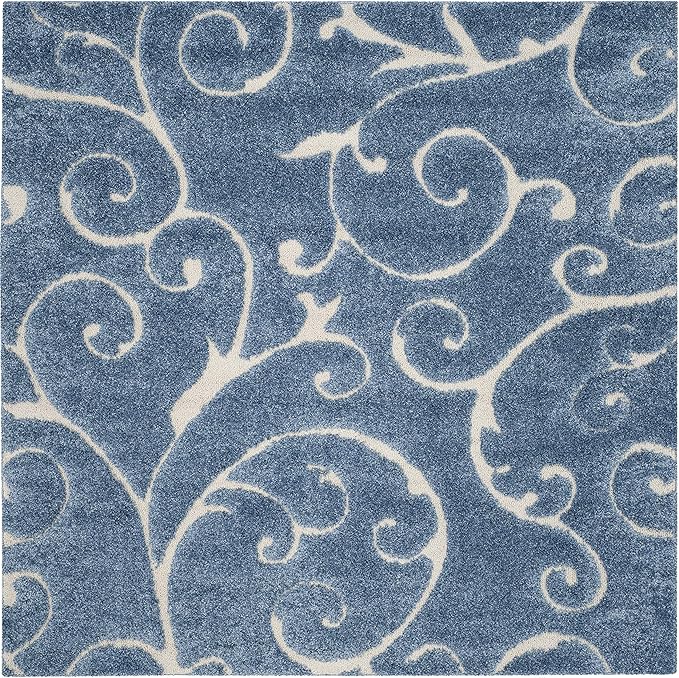 SAFAVIEH Florida Shag Collection Area Rug - 6'7" Square, Light Blue & Cream, Scroll Design, Non-Shedding & Easy Care, 1.2-inch Thick Ideal for High Traffic Areas in Living Room, Bedroom (SG455-6011)