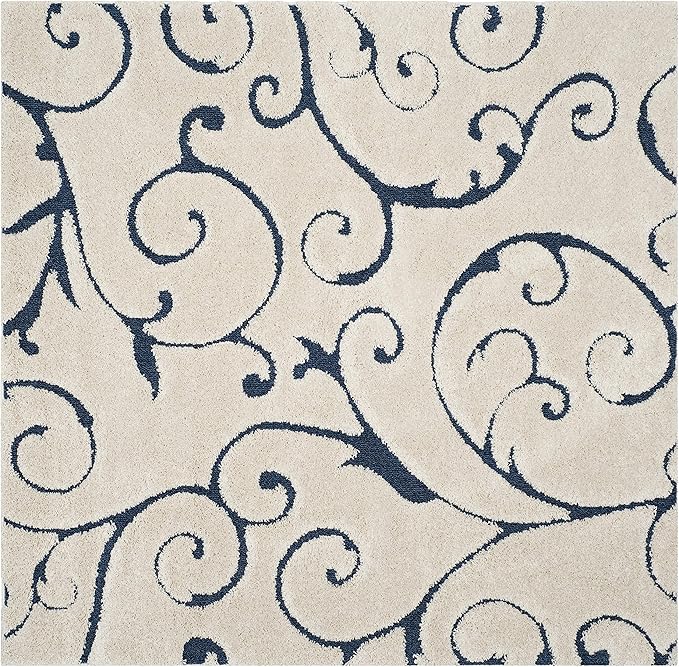 SAFAVIEH Florida Shag Collection Area Rug - 9' Square, Cream & Blue, Scroll Design, Non-Shedding & Easy Care, 1.2-inch Thick Ideal for High Traffic Areas in Living Room, Bedroom (SG455-1165)