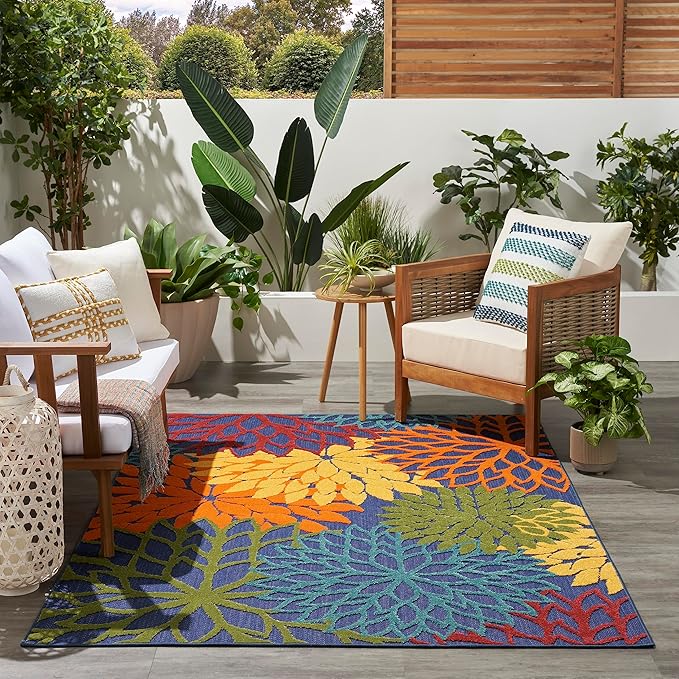 Nourison Aloha Indoor-Outdoor Navy Multicolor 3'6" x 5'6" Area Rug, Easy Cleaning, Non Shedding, Bed Room, Living Room, Dining Room, Backyard, Deck, Patio (4x6)