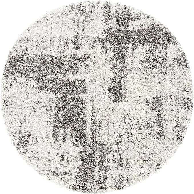 SAFAVIEH Hudson Shag Collection 7' Round Ivory/Grey SGH205A Modern Abstract Non-Shedding Living Room Bedroom Dining Room Entryway Plush 2-inch Thick Area Rug