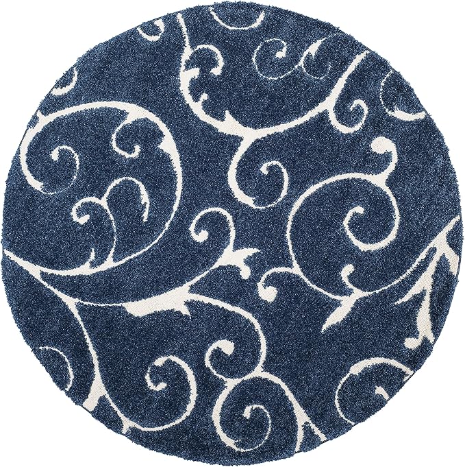 SAFAVIEH Florida Shag Collection 5' Round Dark Blue/Cream SG455 Scrolling Vine Graceful Swirl Textured Non-Shedding Living Room Bedroom Dining Room Entryway Plush 1.2-inch Thick Area Rug