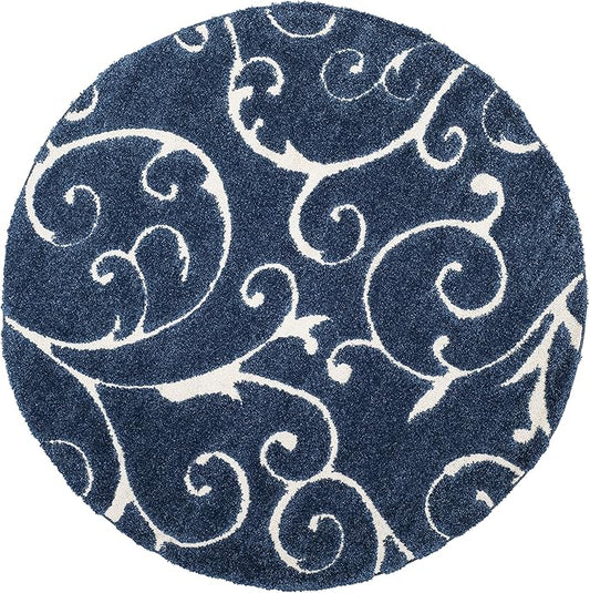 SAFAVIEH Florida Shag Collection 5' Round Dark Blue/Cream SG455 Scrolling Vine Graceful Swirl Textured Non-Shedding Living Room Bedroom Dining Room Entryway Plush 1.2-inch Thick Area Rug