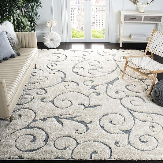 SAFAVIEH Florida Shag Collection Area Rug - 9'6" x 13', Beige & Blue Grey, Scroll Design, Non-Shedding & Easy Care, 1.2-inch Thick Ideal for High Traffic Areas in Living Room, Bedroom (SG455-1155)