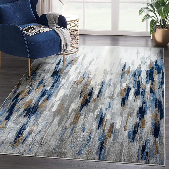 Abani Porto Collection Area Rug -Grey/Blue Abstract Design -4' x 6' - Easy to Clean - Durable for Kids and Pets - Non-Shedding - Medium Pile - Soft Feel - for Living Room, Bedroom & Office