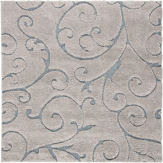 SAFAVIEH Florida Shag Collection Area Rug - 9' Square, Grey & Light Blue, Scroll Design, Non-Shedding & Easy Care, 1.2-inch Thick Ideal for High Traffic Areas in Living Room, Bedroom (SG455-1160)