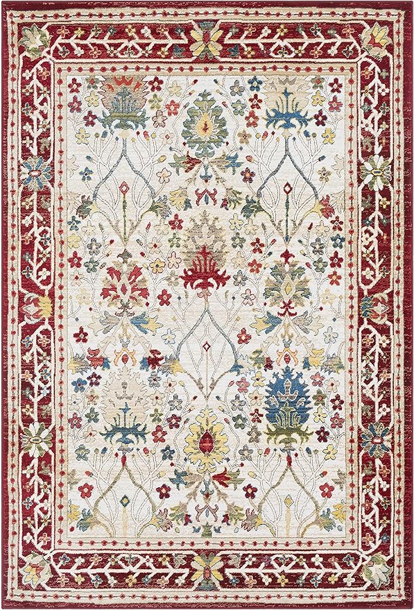 Hauteloom Goff Boho Floral Living Room Bedroom Multicolor Area Rug - Floral - Bohemian Vintage Look - Oriental Turkish Pattern - White, Beige, Yellow, Red - 5'1" x 7'5"