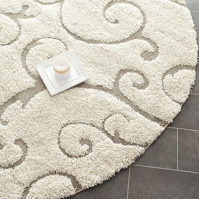 SAFAVIEH Florida Shag Collection 10' Round Cream/Beige SG455 Scrolling Vine Graceful Swirl Textured Non-Shedding Living Room Bedroom Dining Room Entryway Plush 1.2-inch Thick Area Rug