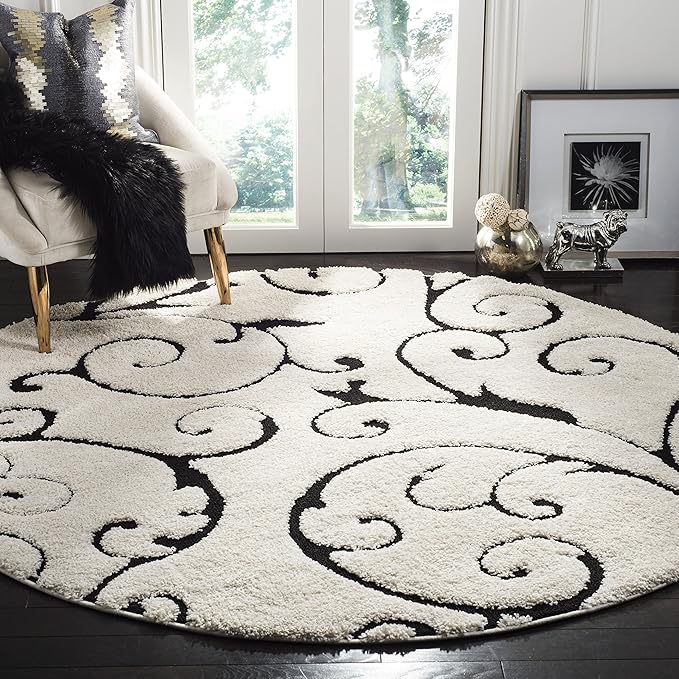 SAFAVIEH Florida Shag Collection 11' Round Ivory / Black SG455 Scrolling Vine Graceful Swirl Textured Non-Shedding Living Room Bedroom Dining Room Entryway Plush 1.2-inch Thick Area Rug