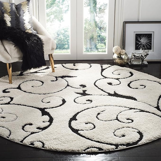 SAFAVIEH Florida Shag Collection 11' Round Ivory / Black SG455 Scrolling Vine Graceful Swirl Textured Non-Shedding Living Room Bedroom Dining Room Entryway Plush 1.2-inch Thick Area Rug
