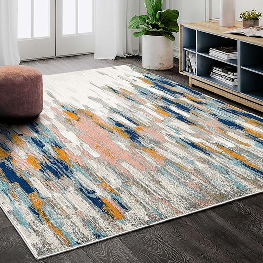 Abani Rugs Orange & Blue Contemporary Abstract Area Rug Contemporary Style, Porto Collection | Turkish Made Superior Comfort & Construction | Stain Shedding Resistant, 3' x 5' Rectangle