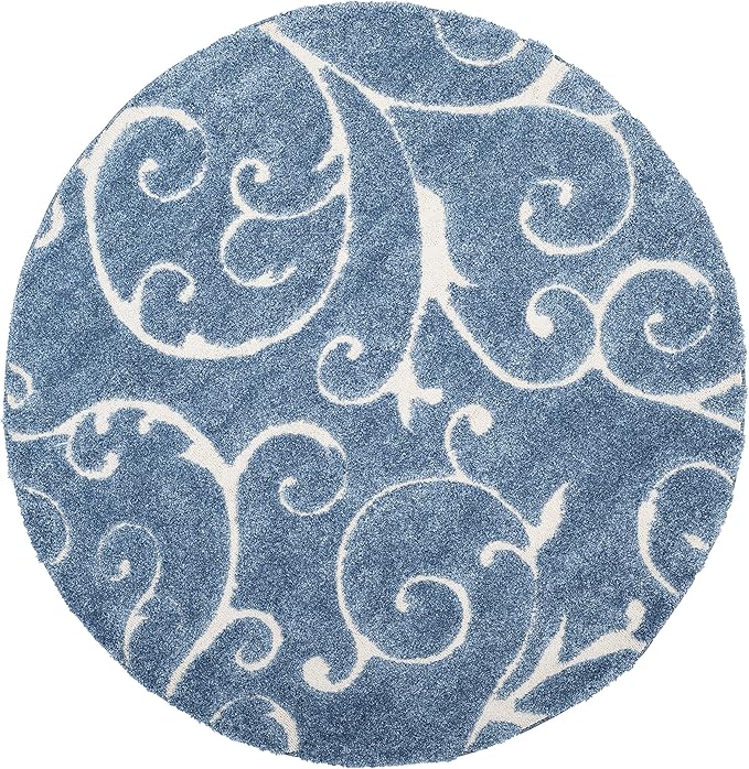 SAFAVIEH Florida Shag Collection 6'7" Round Light Blue/Cream SG455 Scrolling Vine Graceful Swirl Textured Non-Shedding Living Room Bedroom Dining Room Entryway Plush 1.2-inch Thick Area Rug