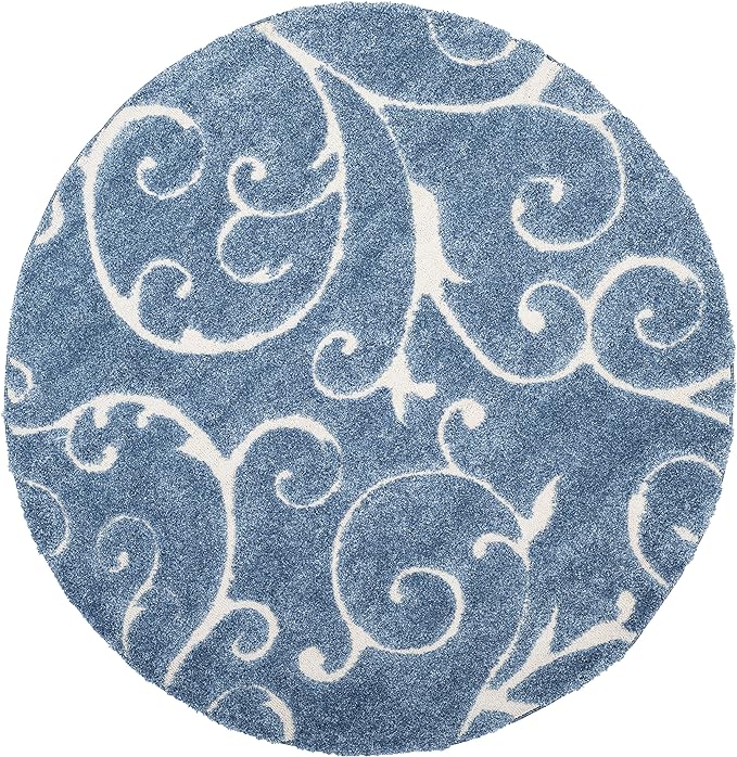 SAFAVIEH Florida Shag Collection 5' Round Light Blue/Cream SG455 Scrolling Vine Graceful Swirl Textured Non-Shedding Living Room Bedroom Dining Room Entryway Plush 1.2-inch Thick Area Rug