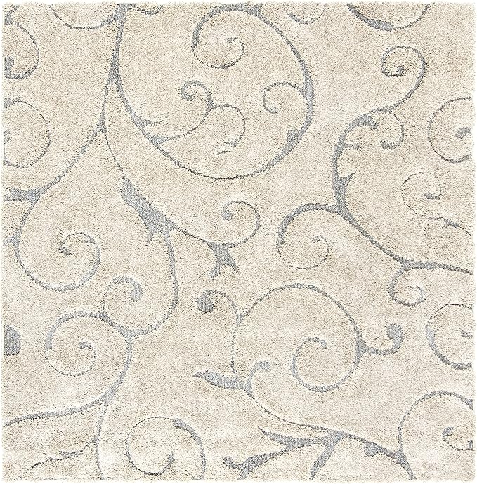 SAFAVIEH Florida Shag Collection Area Rug - 6'7" Square, Beige & Blue Grey, Scroll Design, Non-Shedding & Easy Care, 1.2-inch Thick Ideal for High Traffic Areas in Living Room, Bedroom (SG455-1155)